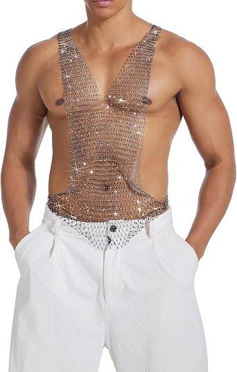 Rave Outfits For Men, Mens Sexy See Through Rhinestone Mesh Top Sparkly Fishnet Shirt, Rave Clothes For Club Party