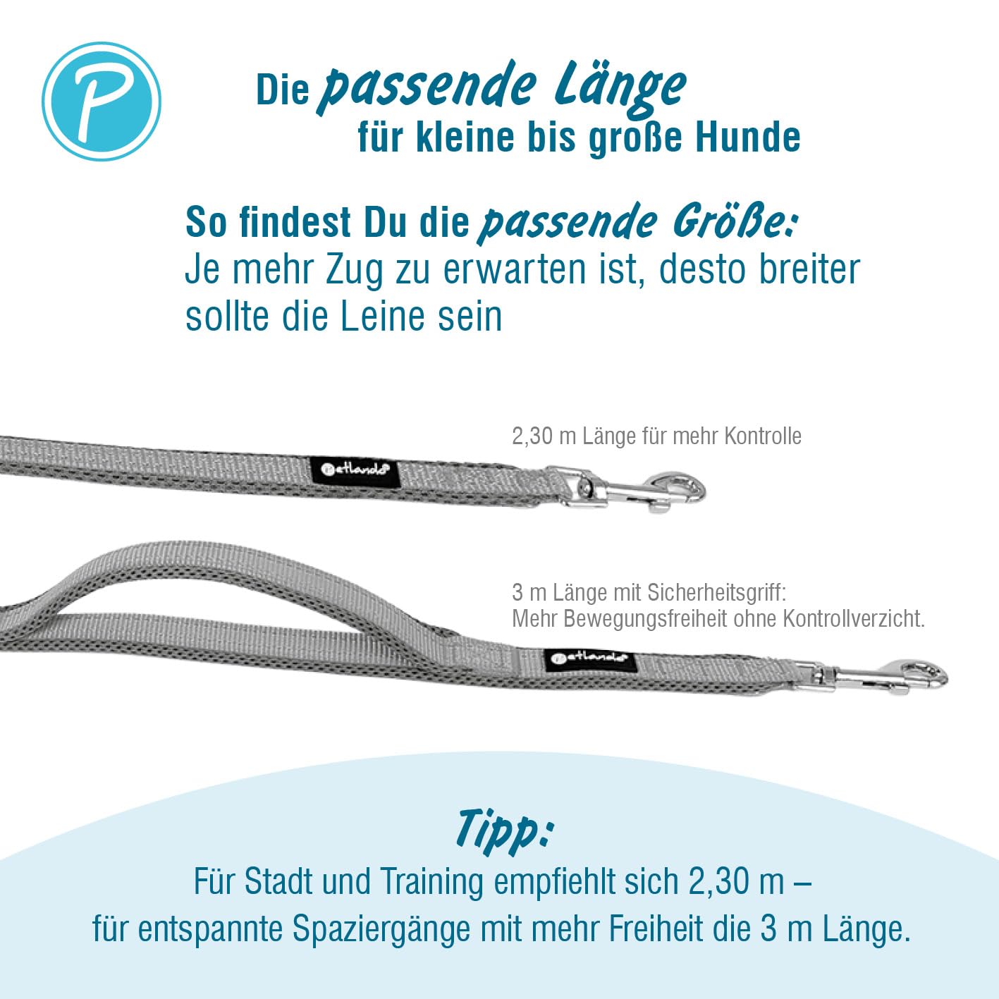 Petlando Hundeleine Outdoor mit Sicherheitsgriff, Petrol, 300x3cm | Für große Hunde, 3-fach verstellbare Führleine, reflektierend, weiche Mesh-Polsterung, starke Karabiner, Umhängeleine