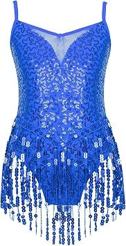 Sequins Latin Dance Dress For Girls Sleeveless Fringe Tassel Modern Ballroom Tango Rumba Salsa Professional Dancewear For Dance and PerformanceBlue,8