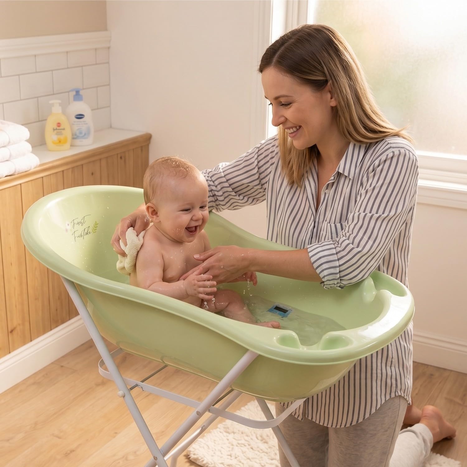 Bañera para bebé con termómetro verde verde Talla:Forest 102 cm + pied