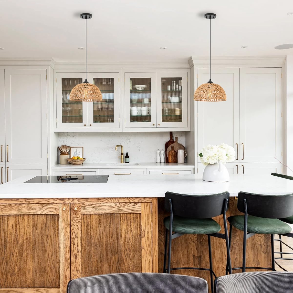 2-Pack Rattan Pendant Light, 12" Boho Hand-Woven Wicker Chandelier with Adjustable Cord, Coastal Farmhouse Hanging Light Fixtures for Kitchen Island, Dining Room, Bedroom, Foyer EH61760P2