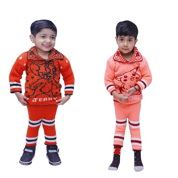 Honbon Sweater Combo Set of 2 Woollen Sweatshirt Sweater with Pyjama/Pant Collar Neck Jerry/Pikachu Cartoon Striped Design Knitted Hooded Cloth Keep Warm Winter Clothing for 1-2 Years Baby Girls & Boy