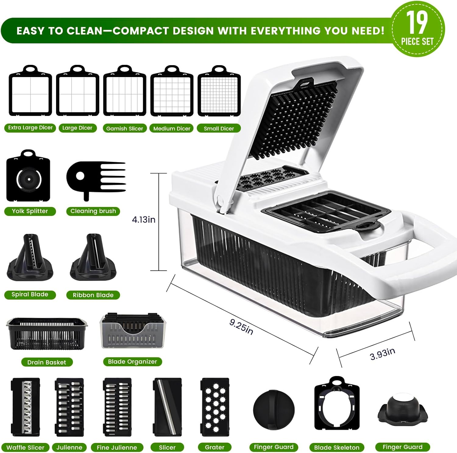 19-in-1 Stainless Steel Vegetable Chopper with Container, Multipurpose, Easy Clean, Manual, Plastic Body, Stainless Steel Blade