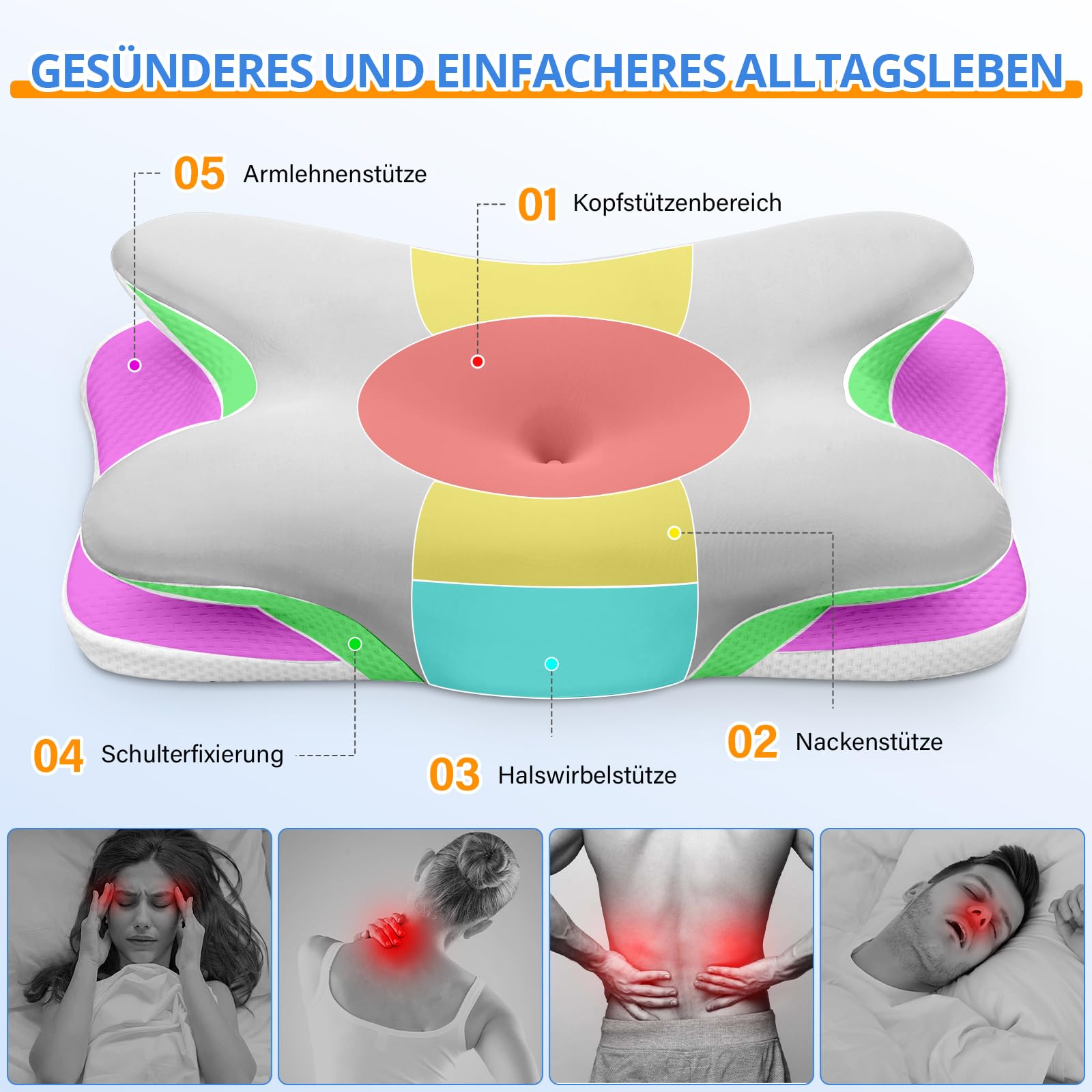 Ehomfory Nackenkissen Kopfkissen Memory Foam Kissen Nackenstützkissen, Ergonomisches Seitenschläferkissen für Seiten, Rücken & Bauchschläfer, 67x37x9/12 cm