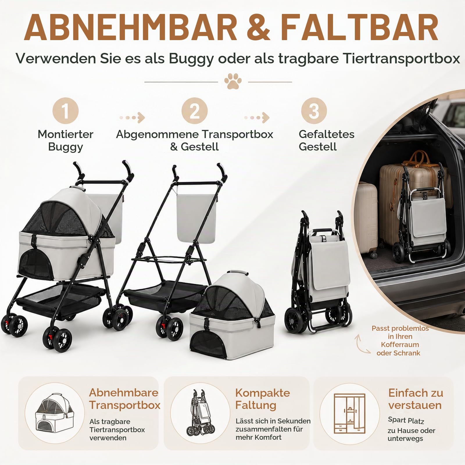 Haustierbuggy bis 20 kg, faltbar, mit Transportkorb, Schwarz | Für kleine Hunde und Katzen; mit Belüftungsfenstern und Stauraum, komfortabel für Spaziergänge und Reisen