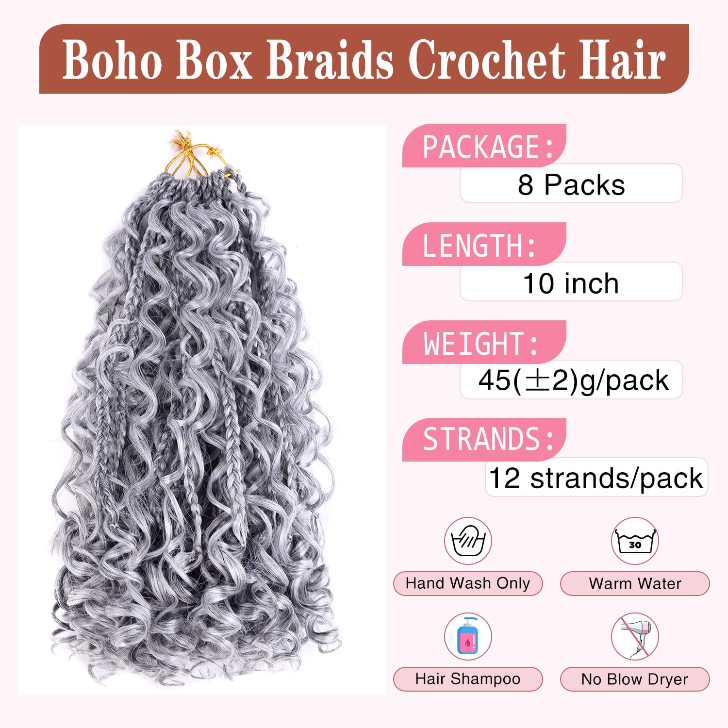 10 Inch Goddess Box Braids Crochet Hair for Black Women With Curls 8 Packs Pre Looped Crochet Boho Bob Box Braids Synthetic Braiding Hair Extensions (12strands/pack;MGrey#)