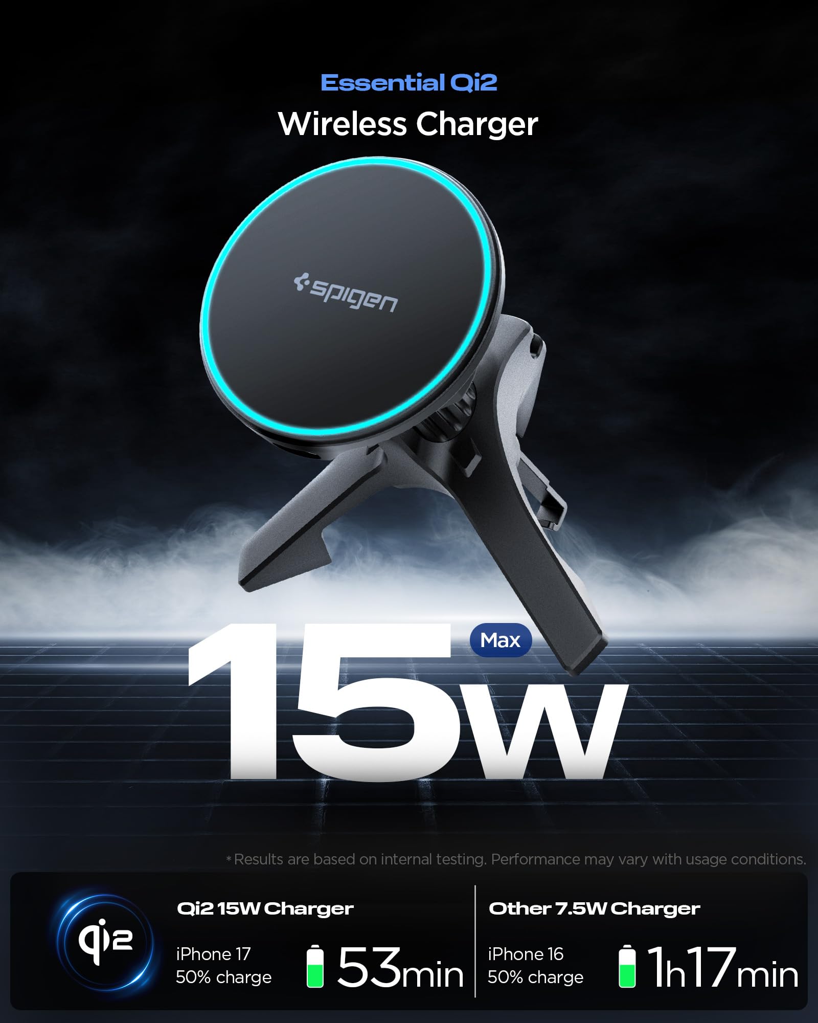 Spigen Essential MagFit Qi2 15W Ricarica Wirelss Auto per Cellulare [Cavo Incluso] Supporto Telefono Magnetico Compatibile con iPhone 17/17e/16/15/14 Pro Max e Cover MagSafe/Pixelsnap - Presa d’Aria