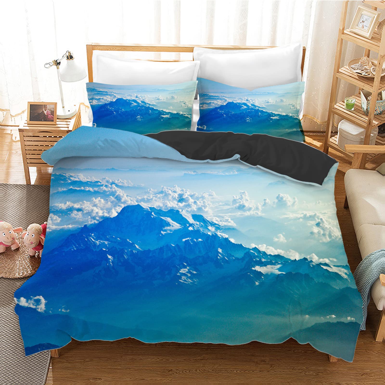 Parure de lit 90x190 enfant montagne bleue en microfibre 110g avec sa taie
