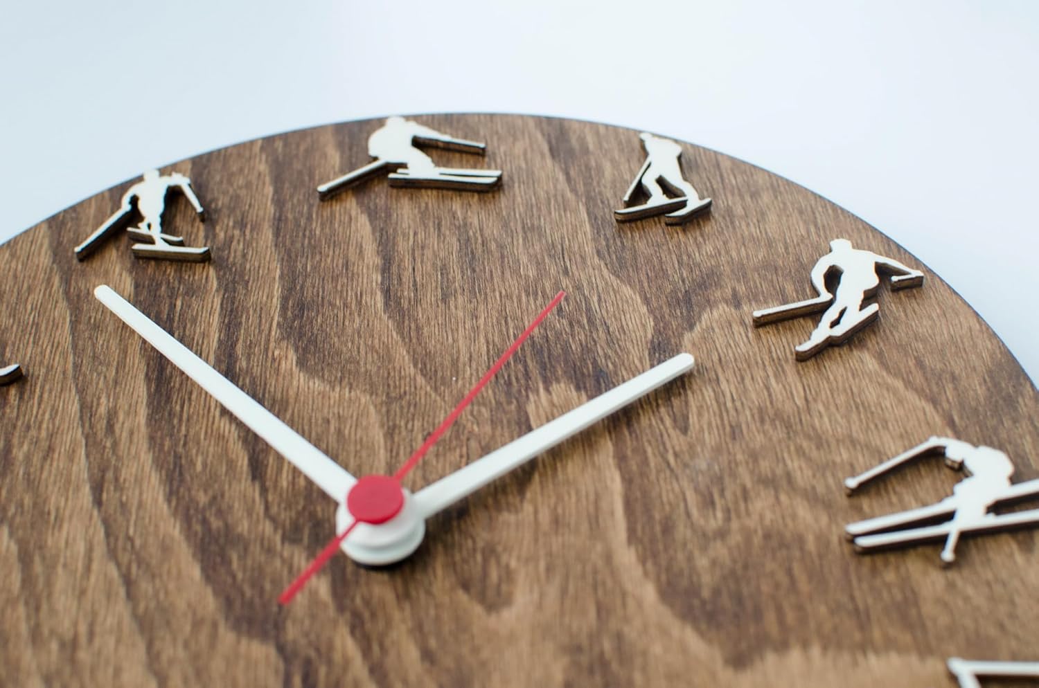 Skiing Clock 10" Diameter, Wood Clock with Skiers, Winter Sport Gift