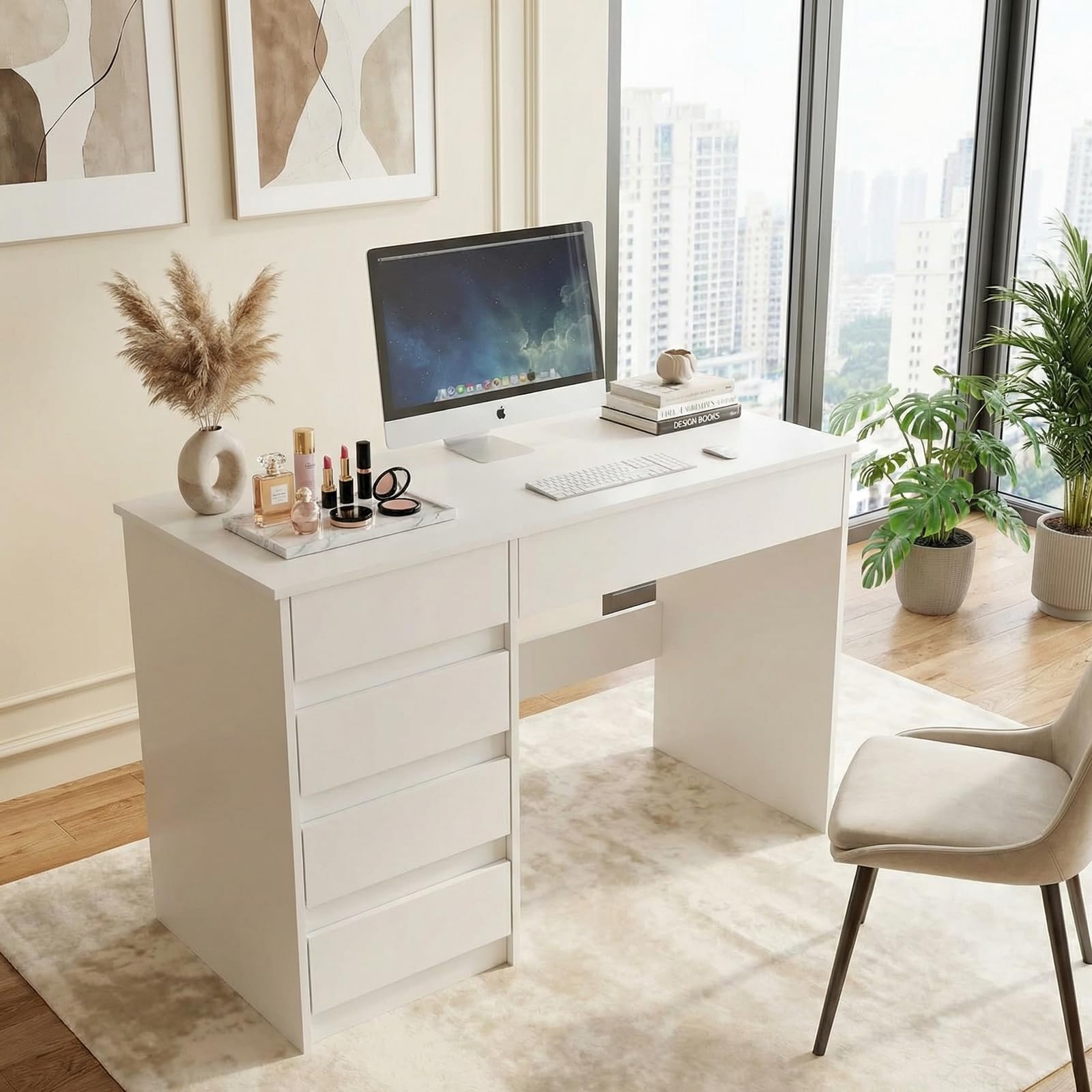 VOWNER Scrivania per Computer, Scrivania Salvaspazio con 5 Cassetti da Ufficio Salvaspazio Cameretta, per Ufficio/Camera da Letto, 110x50x75cm (Bianco)