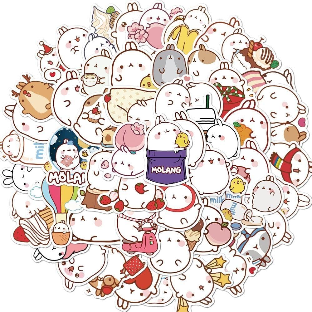 Cute Molang Rabbit Stickers - 50 Pcs Kawaii Chubby Rabbit Stickers for Phone, Notebook, Scrapbook, DIY Stationery, Guitar, Anime Bunny Pack