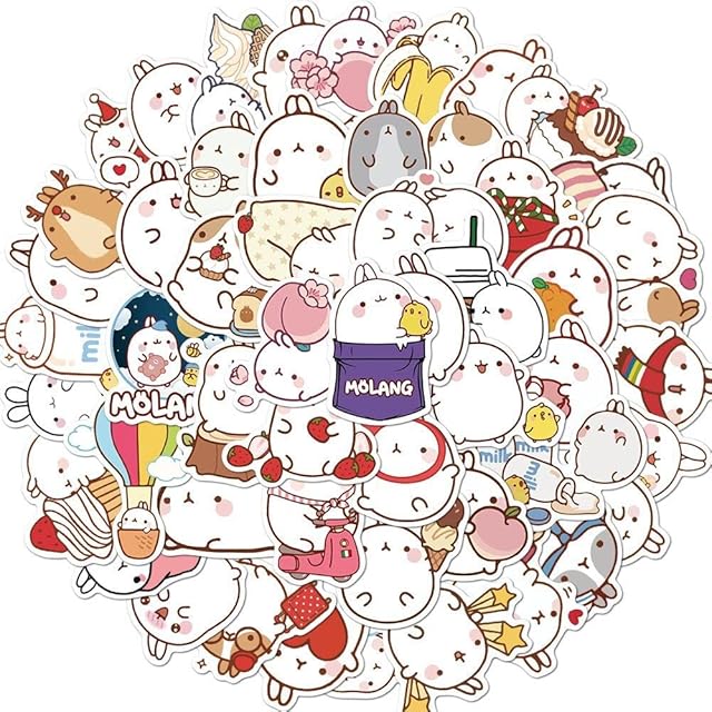 Cute Stickers of Molang Rabbit 50 Pcs Kawaii Cartoon Chubby Rabbit Stickers Phone Notebook Scrapbook Bike Luggage Snowboard DIY Stationery Guitar Lovely Anime Bunny Stickers Pack