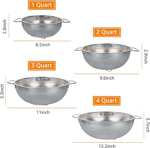 Miniatura 2 de AKOLAFE Colador de metal grueso con asa, juego de 4 coladores de acero inoxidable para cocina, 1-2-3-4 cuartos de galón, colador de malla fina,