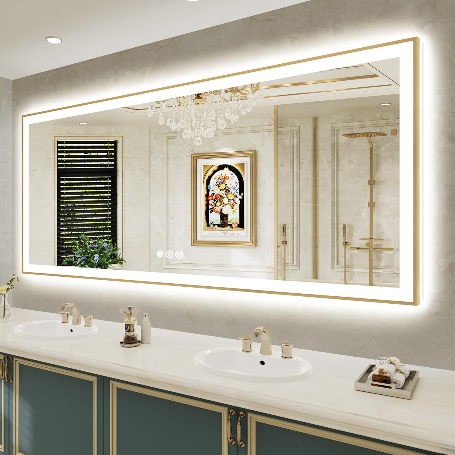 84x40 LED Bathroom Mirror with Lights, Gold Framed Lighted Mirror