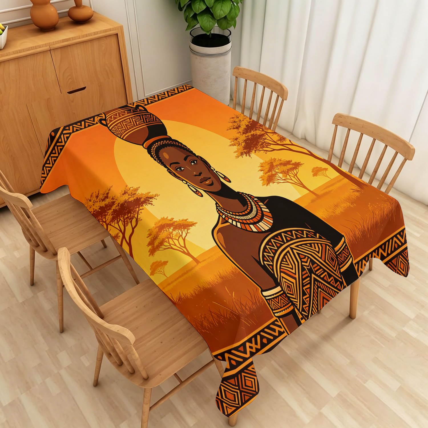 Tovaglia Donna Africana Tovaglia Antimacchia Rettangolare 140x300 cm, Tribù Africana Copritavolo in Poliestere Impermeabile Lavabile, Tovaglie per Cucina, Feste, Pranzo 723f