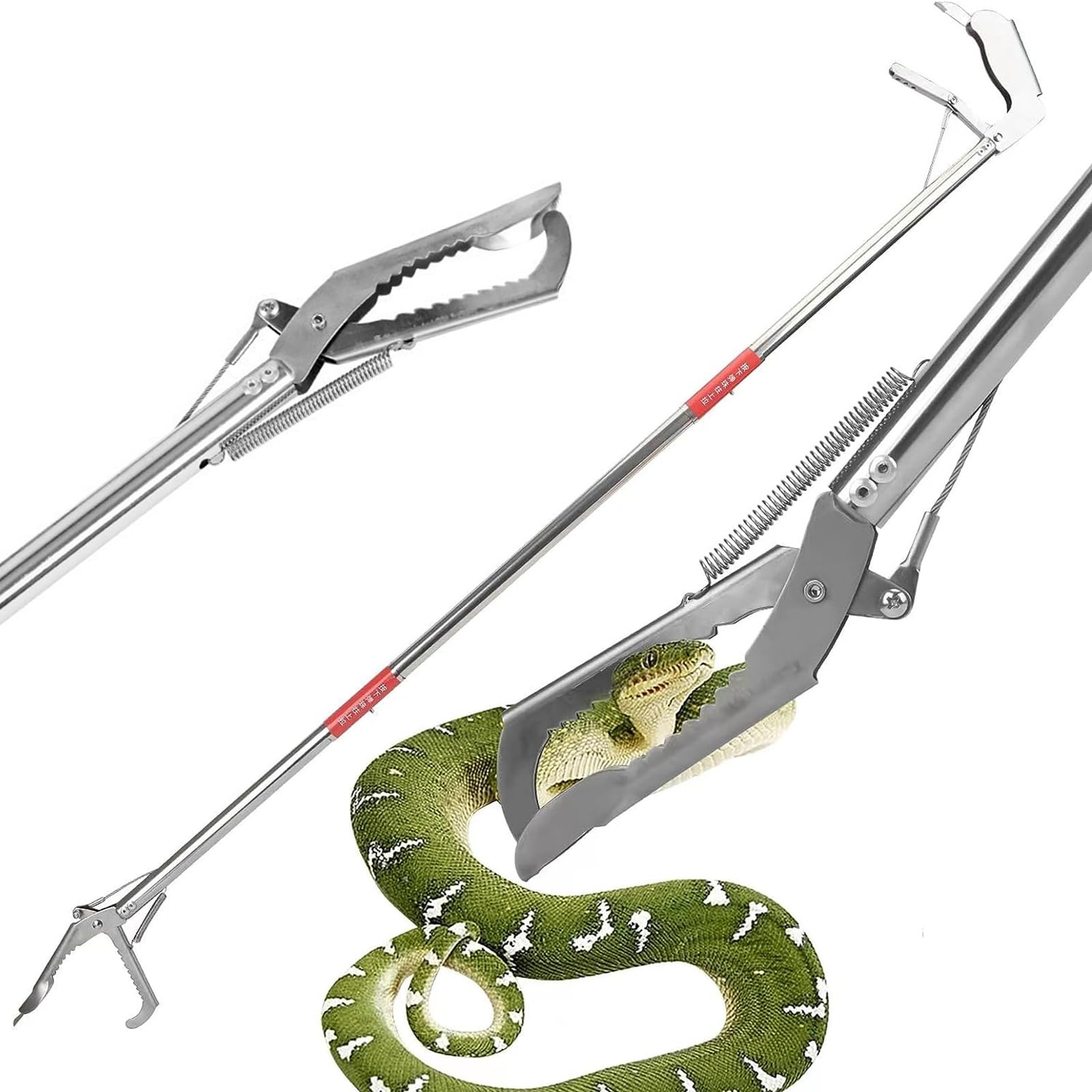 Pinza per serpenti in acciaio inox, doppia faccia seghettata, pieghevole, a ganascia larga, con manico antiscivolo, per serpenti, topi, serpenti a sonagli, argento 1