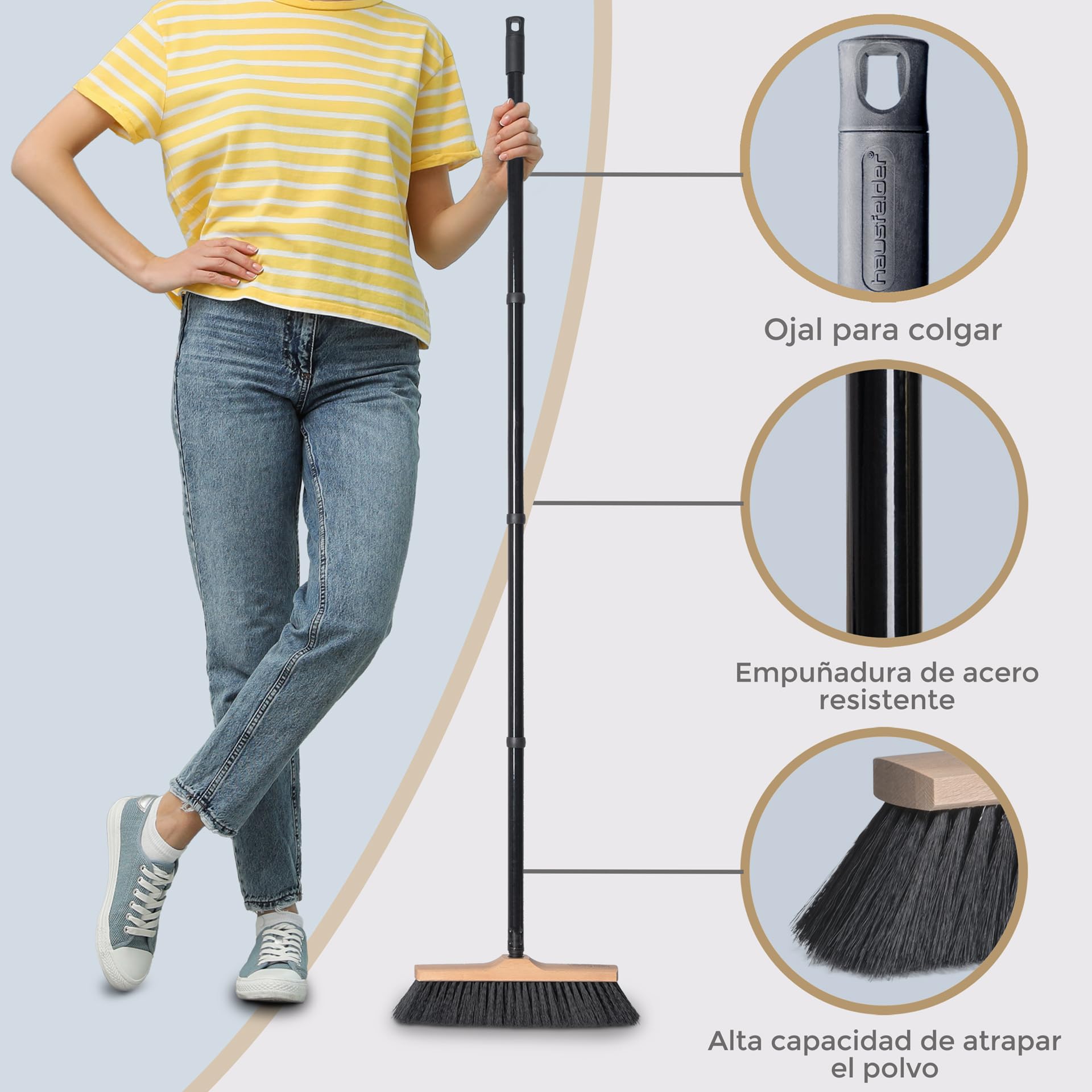 Hausfelder Escoba para Interiores con Mango, Escoba de Madera para Recoger Polvo, Escoba y Cepillo para Interiores, cerdas Suaves (30 cm)
