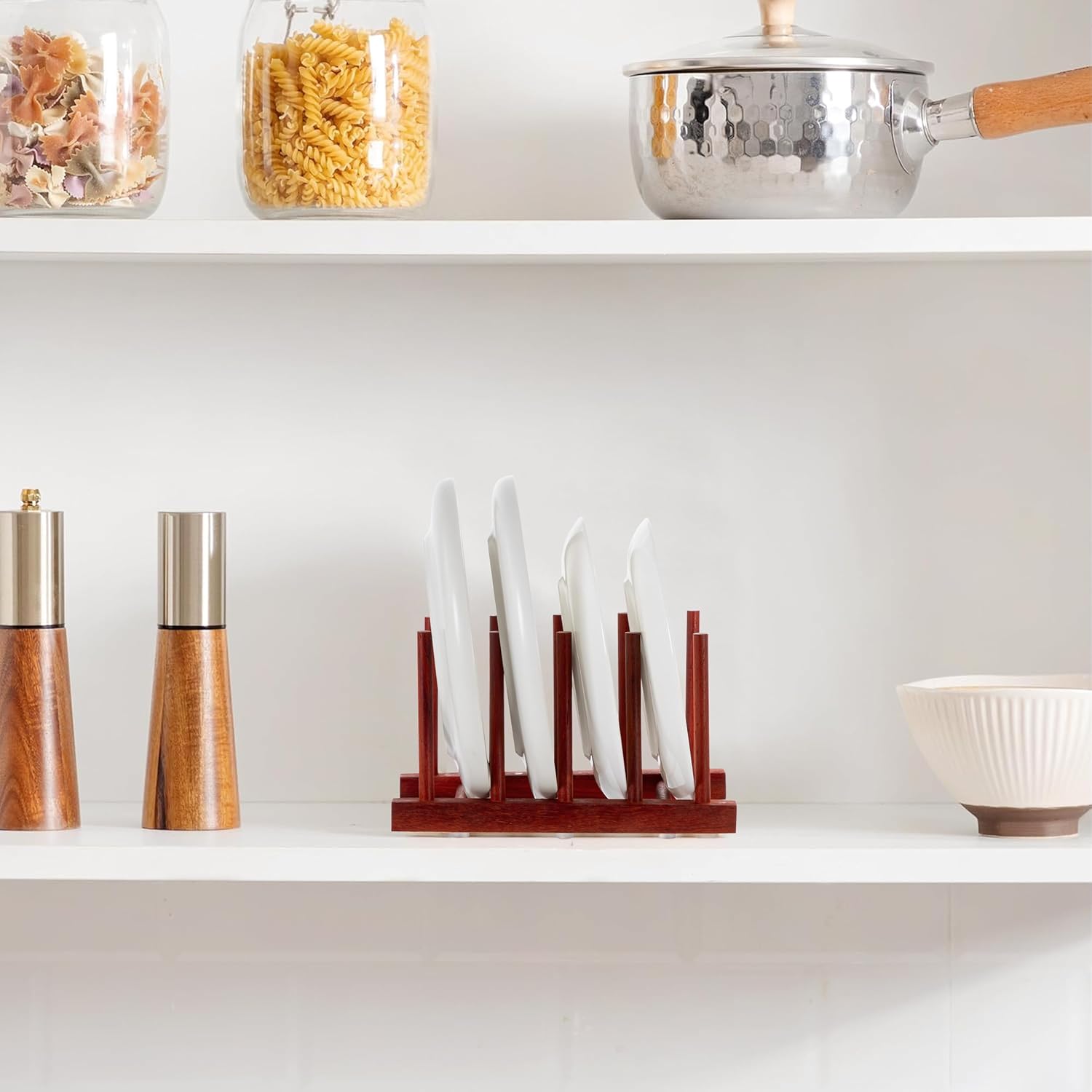 HBlife 4pcs Padauk Wooden Dish Drying Rack - Home and Kitchen Organizer for Cups, Bowls, Pots, Lids, Cutting Boards & Plates Space-Saving for Cabinets Counters (4 Slots)