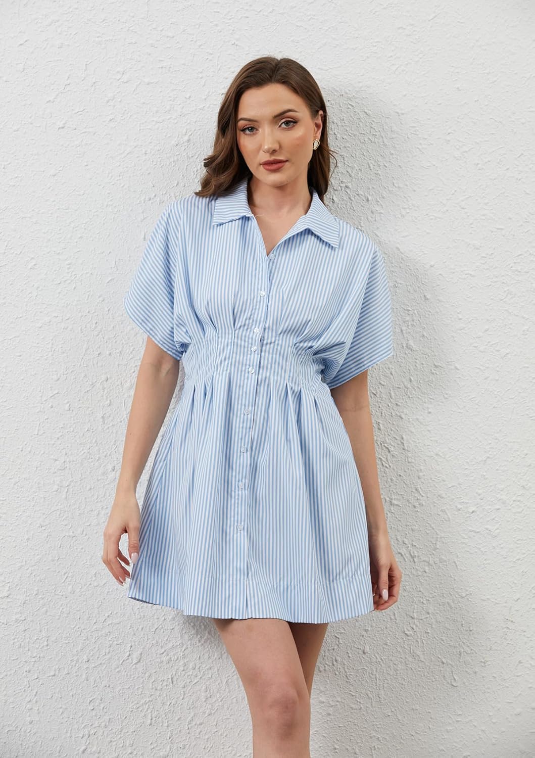 Women Button Down Pleated Shirt Dress Striped Short Sleeve Summer Casual Business Flowy Mini Short Dress - Image 5