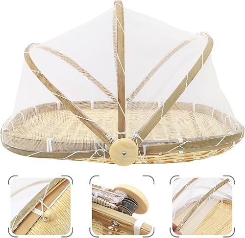 Miniatura 3 de GANAZONO Cesta de almacenamiento tejida de bambú cesta de almacenamiento pequeña de secado de alimentos tapa de recogedor