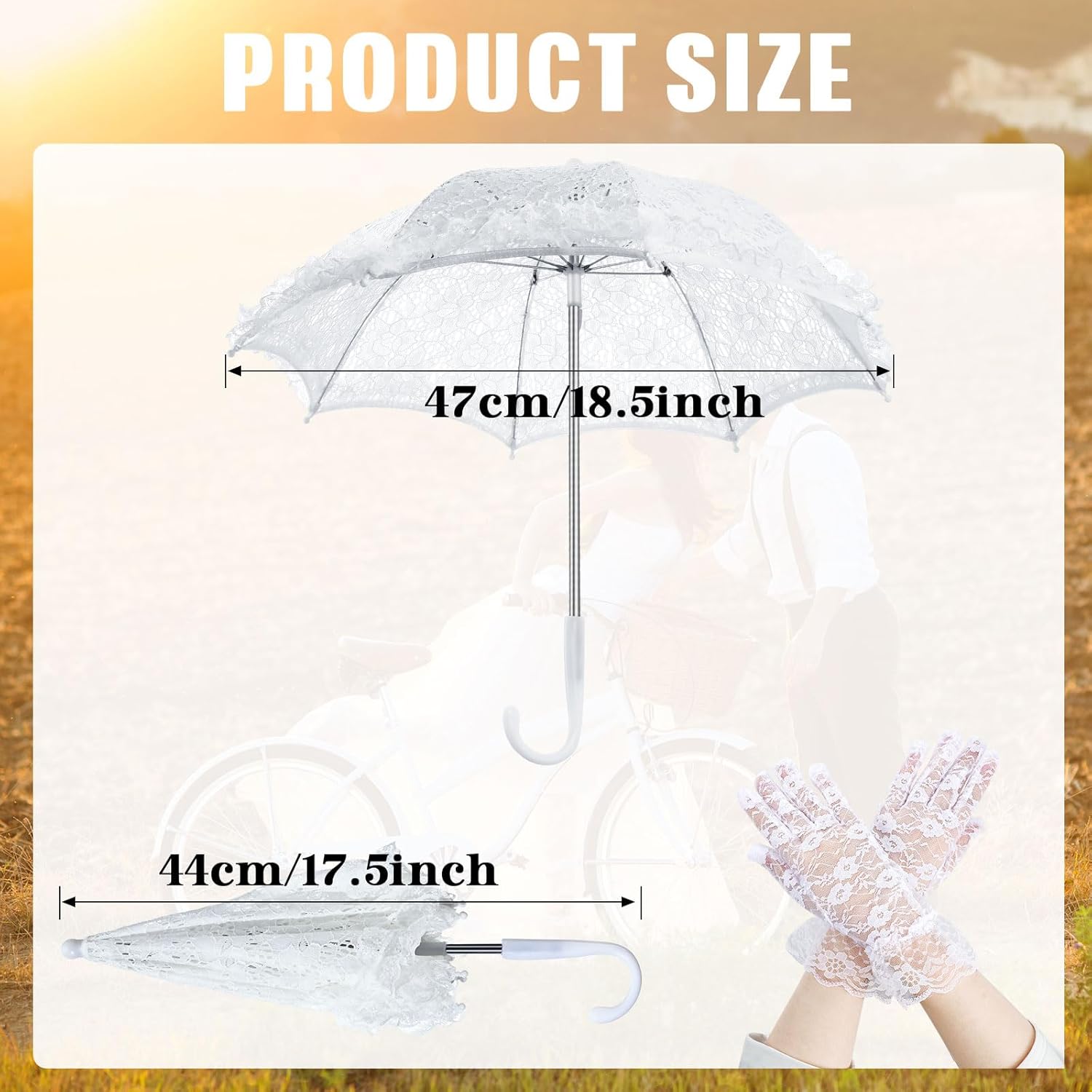 Saintrygo Small White Lace Parasol Umbrella with Floral Wrist Gloves, Small Flowers Embroidery Wedding Parasol for Bride, Cosplay Costume Party Photo Props for Girls Women - Image 2