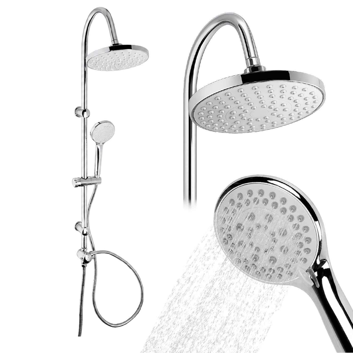Crisalide® - Ducha Mix cromada con alcachofa Ø 20 cm, ducha 3 chorros y barra ajustable, columna de ducha de acero cromado y ABS con desviador y toma de agua 1/2"