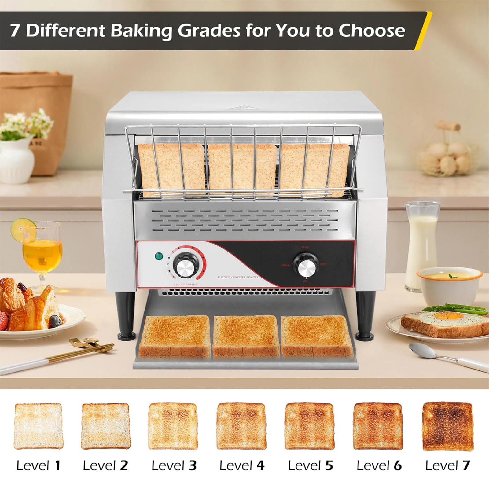 Tostadora Comercial,300-450 Rebanadas/Hora,Tostadora de Restaurante con Cinta Transportadora,Tostadoras Industriales de Alta Resistencia con Doble Calentamiento para Panecillos y Bagels,450PCS/Hour