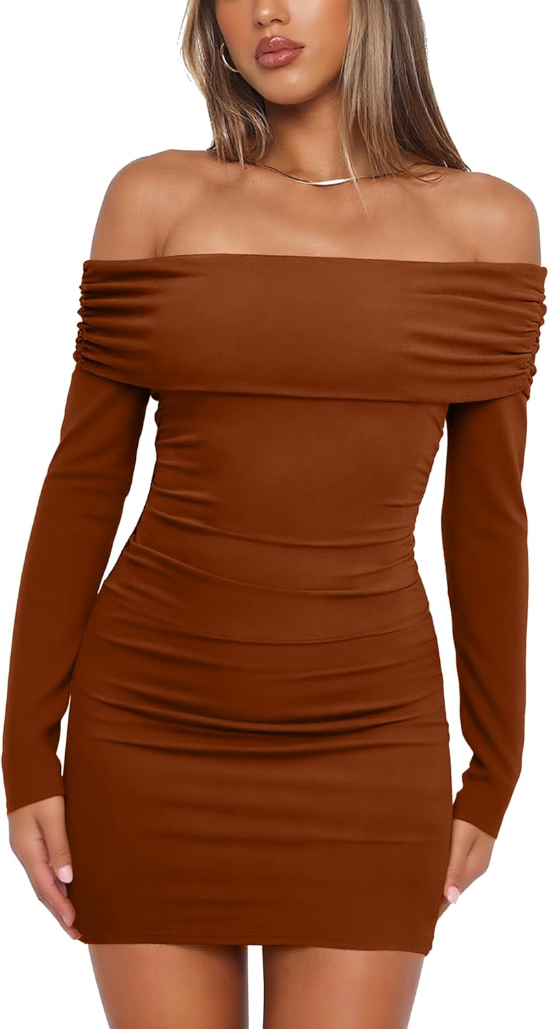 OWIN Women's Fall Off The Shoulder Ruched Bodycon Mini Dress Long Sleeve Ribbed Knit Fitted Club Party Dresses