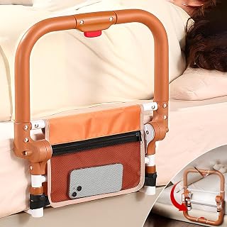 Folding Bed Rails for Elderly Adults Safety, Adjustable Height Bed Assist Rails for Seniors, Foldable Bed Side Rails with Non-Slip Handle and Storage Pouch, Fits King Queen Full Twin Beds