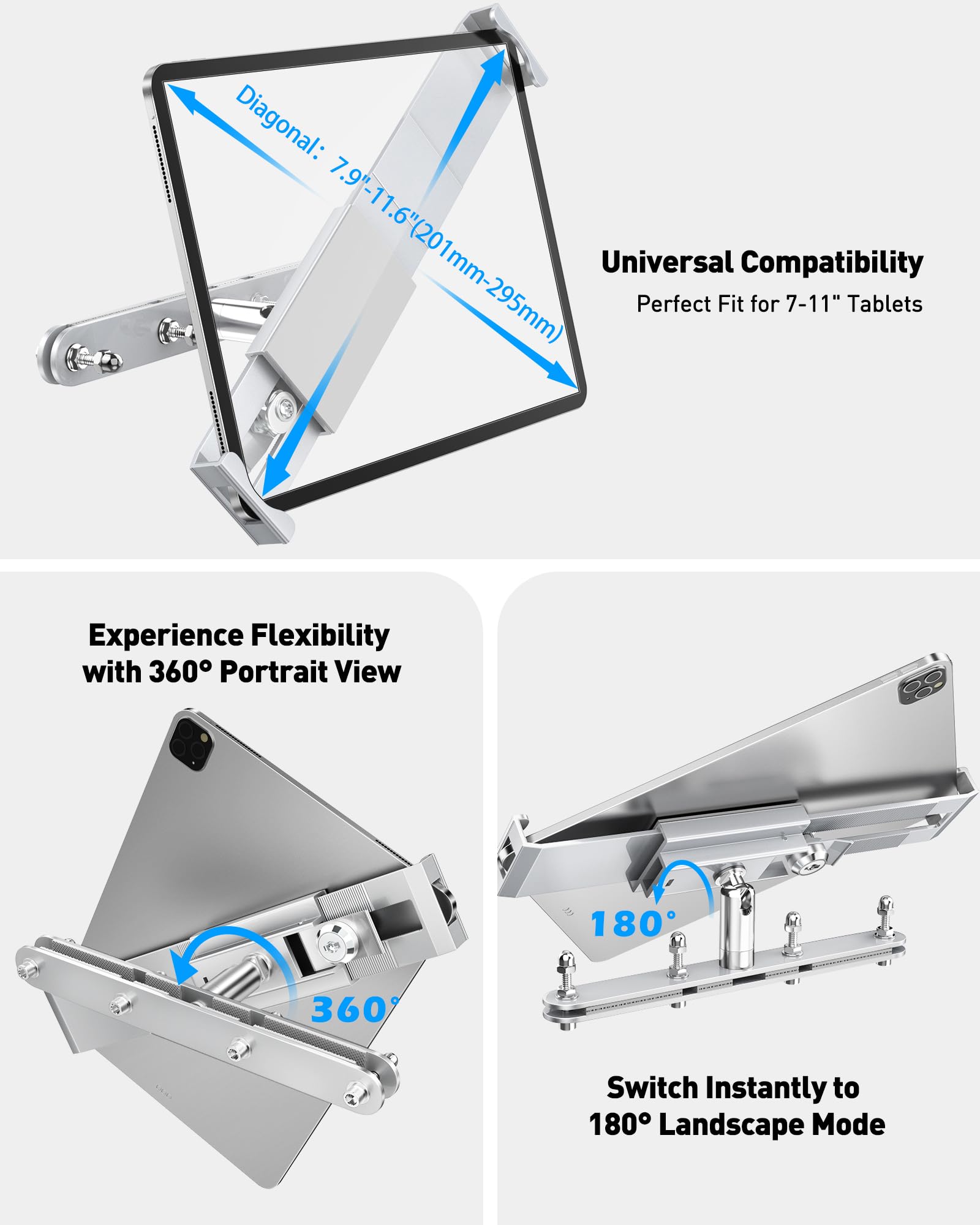 AboveTEK Supporto Tablet per Poggiatesta Auto - Sistema Antifurto, Rotazione 360°, Compatibile con Tablet da 4-11", Perfetto per Viaggi e Business, Durevole, Argento