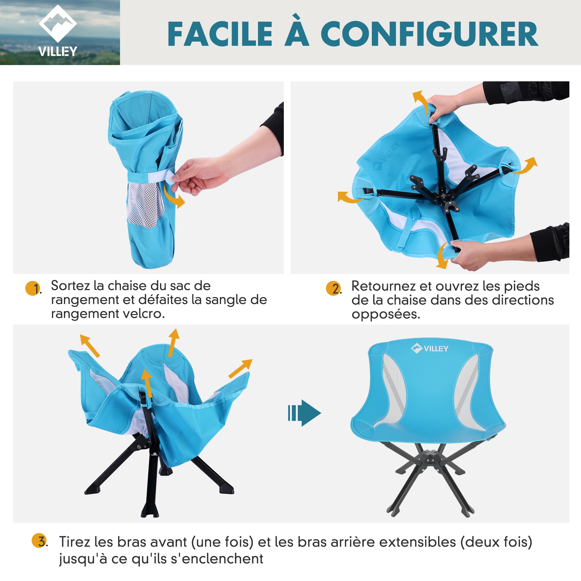 VILLEY Chaise Pliante Camping Légère Bleue | Chaise Pliable Portable avec Sac de Transport, Capacité 150 kg, pour Camping, Voyage, Randonnée, Pique-Nique, Festival