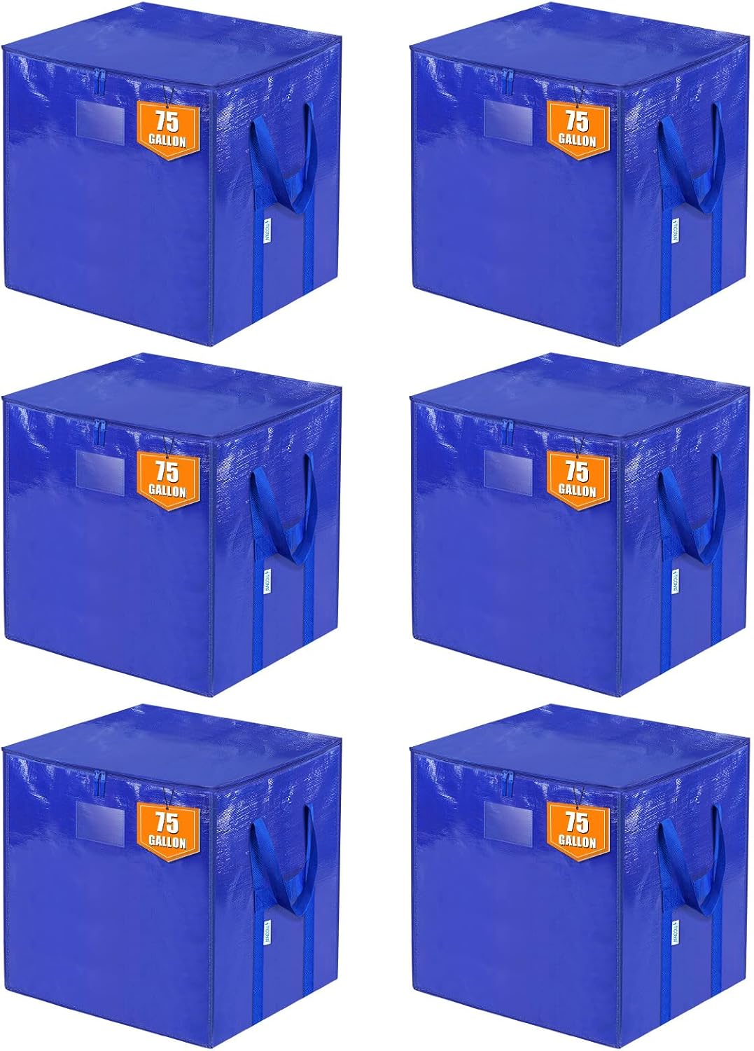 TICONN 6 Pack Extra Large Moving Bags with Zippers & Carrying Handles, Heavy-Duty Storage Tote Moving Boxes for Space Saving (6 PK, 75 Gallon) Blue-75 Gallon 6 Pack