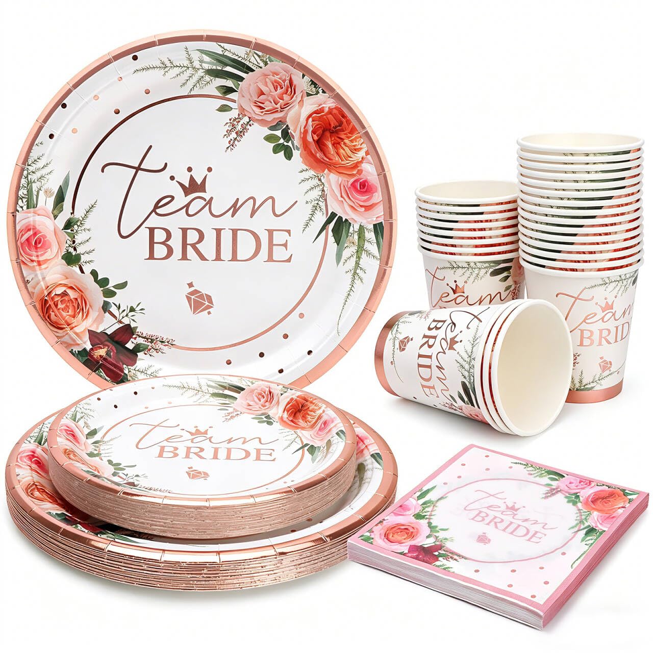 100 sztuk Team Bridal Shower Party Supplies Bachelorette papierowe serwetki serwetki kubki jednorazowe zestaw naczyń w kolorze różowego złota, prezent dla panny młodej, dekoracja na zaręczyny