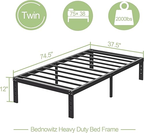 Miniatura 2 de Bastidores de cama tamaño individual, plataforma de 12 pulgadas de alto, no necesita somier, marco de metal resistente, base de colchón sin ruido,