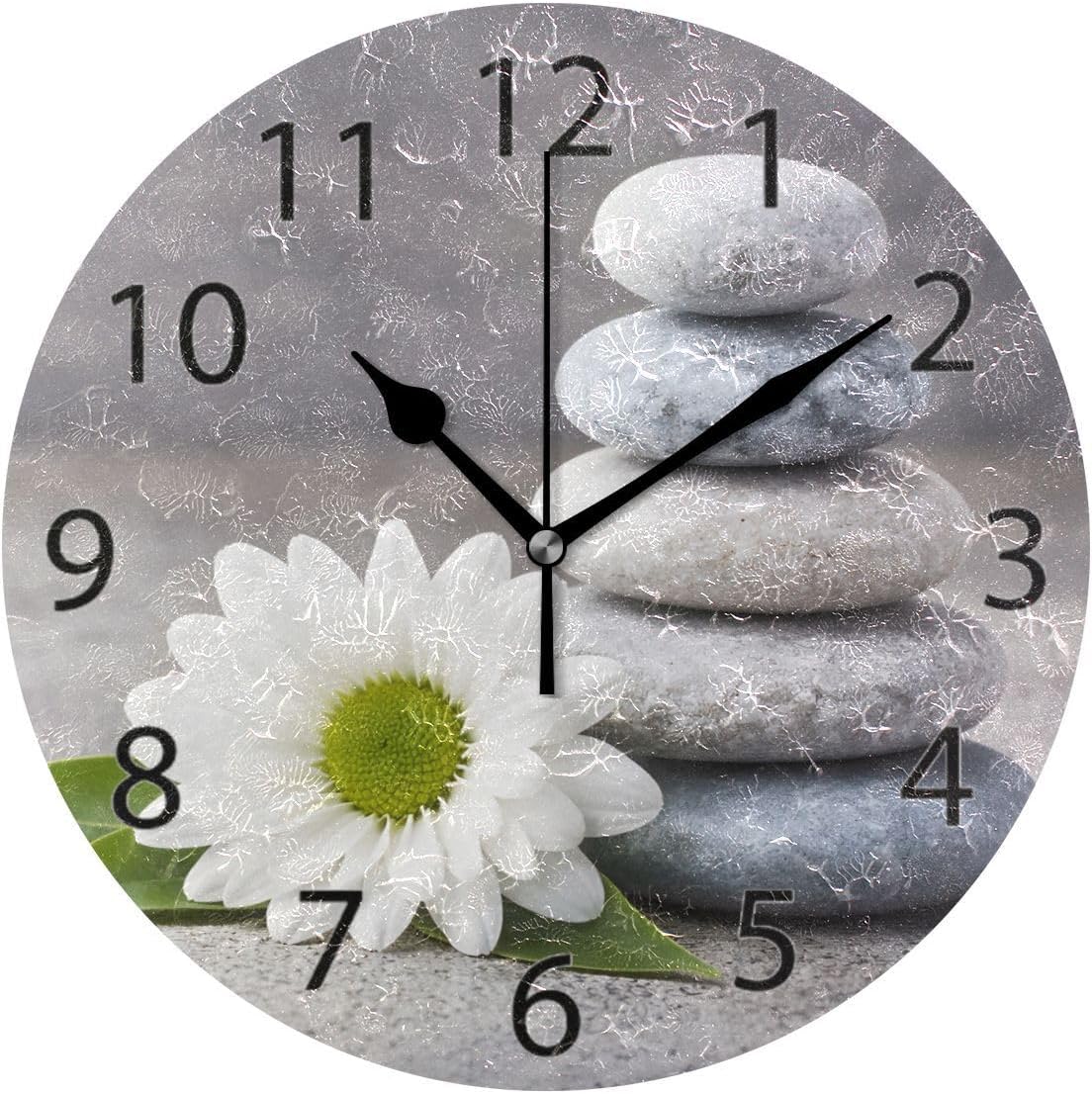 ABLINK Hipster Zen Stone and Flower Round Wall Clock, Silent Non Ticking Oil Painting Home Office School Decorative Clock Art