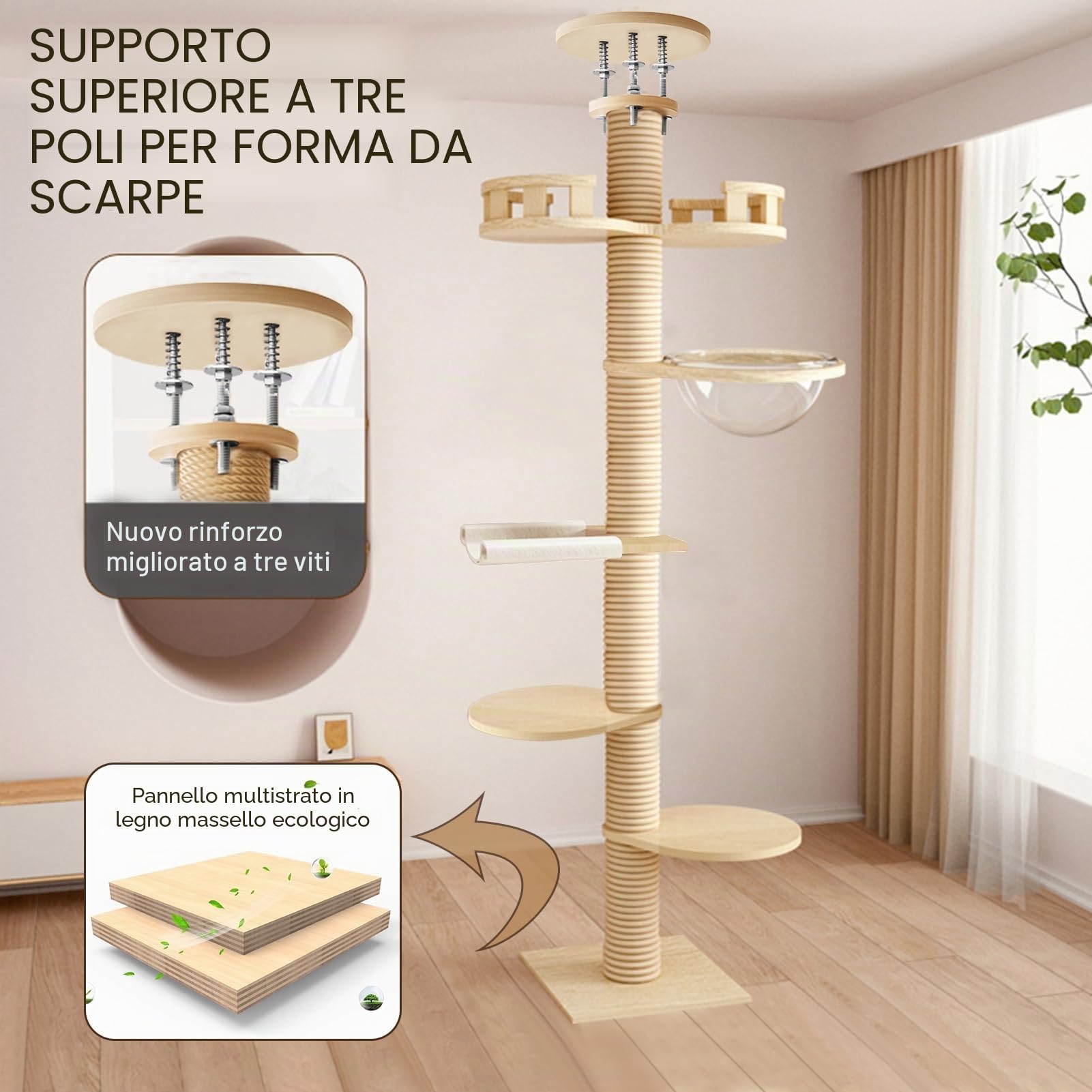 Torre Tiragraffi per Gatti, Altezza Regolabile 300 cm, Albero Stabile per Interni, Torre da Gioco per Gatti di Grandi Dimensioni, Rilassante Beige