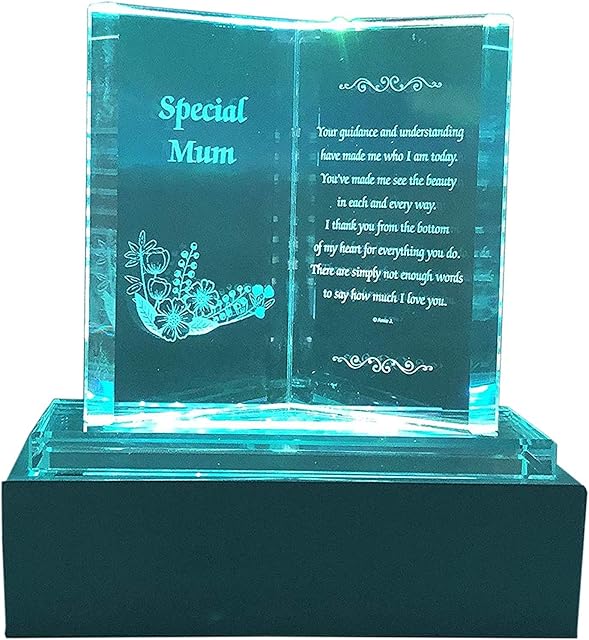 Special Mum Crystal Glass Colourfull Lights Memorial Plaque with LED Stand Gift Ornaments, Ideal for Mother's Day, Birthday, Christmas and Wedding Anniversary