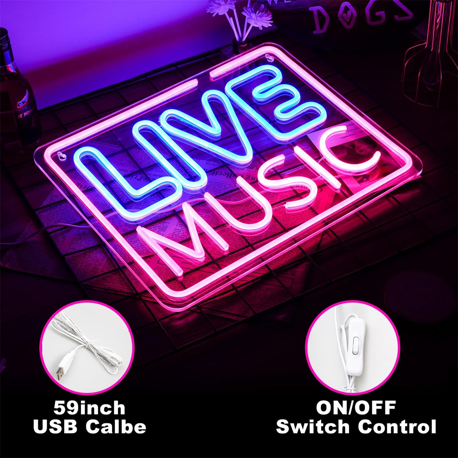 Muzyka na żywo neonowe światła muzyczny bar LED neonowy znak montowany na ścianie lampka nocna bar studio muzyczne sypialnia dekoracja ścienna sztuka impreza klub USB z przełącznikiem