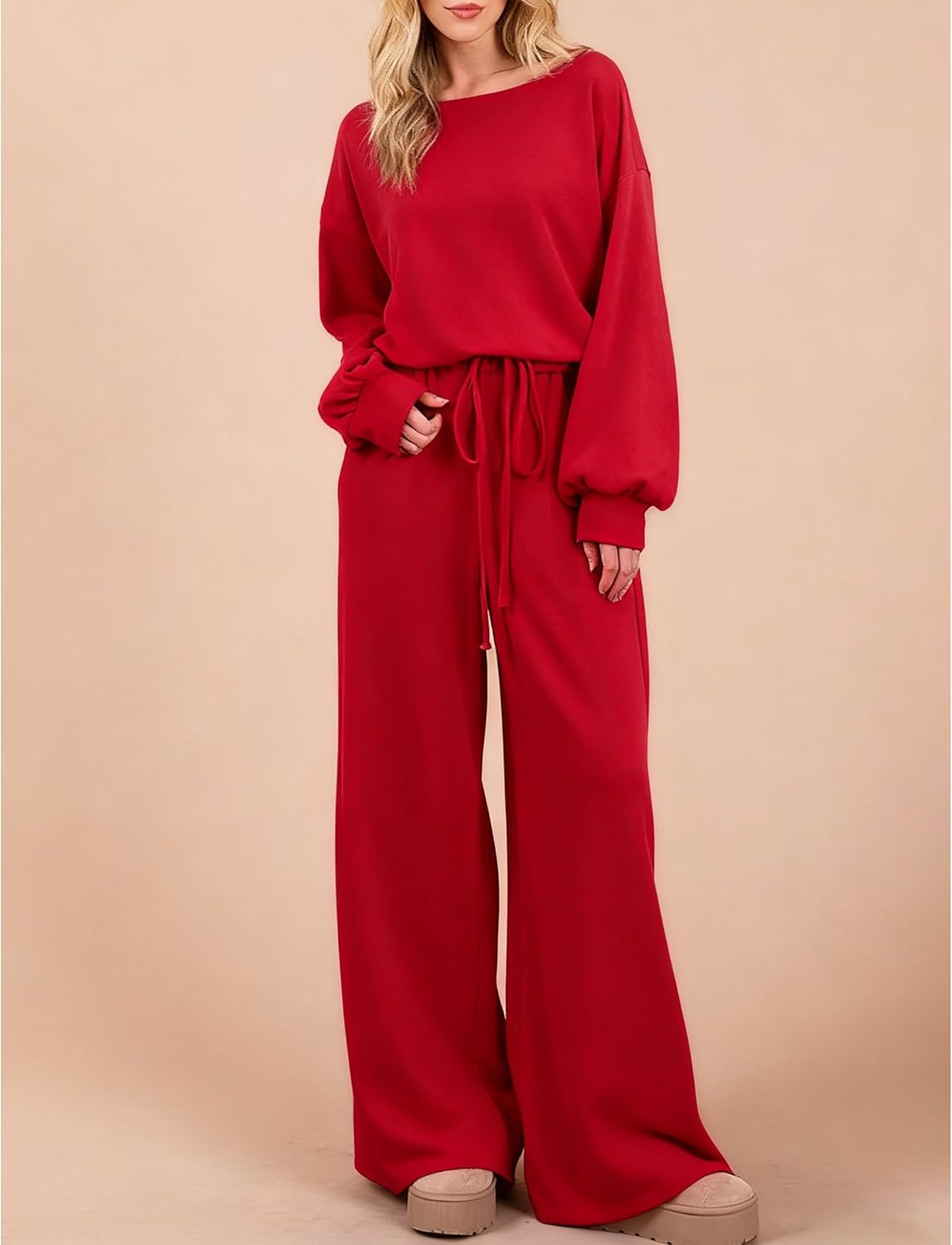 Women's Long Sleeve Jumpsuits Casual Boat Neck Wide Leg Rompers Elastic Waist Drawstring Long Pants Overalls - Image 7