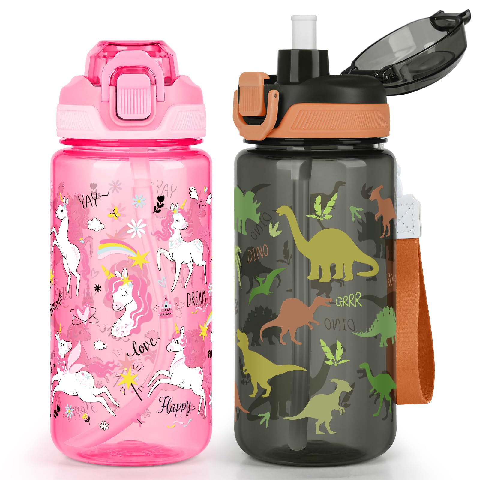 wooshwa Kids Water Bottle for School, 2-Pack 600ml Leakproof 2-in-1 Water Bottle with a Pop-up Detachbale Straw, Dishwasher Safe (Unicorn/Dinosaur) โ image 1