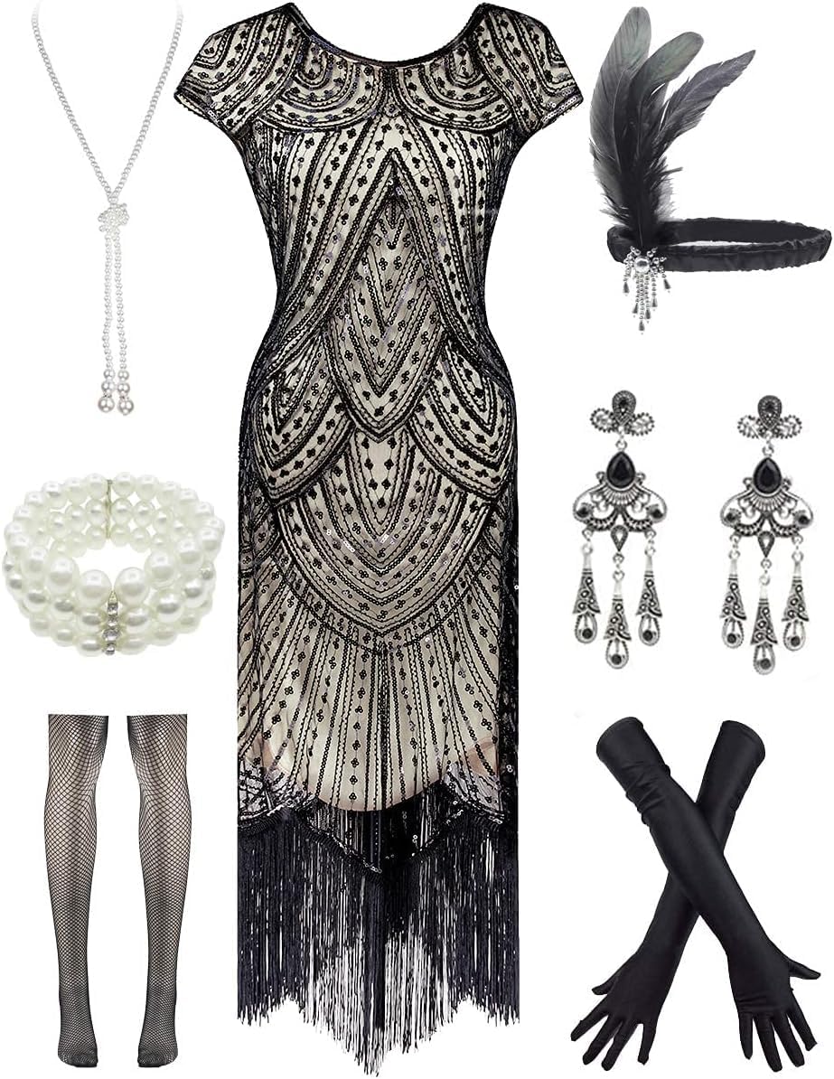 Letter Love Womens Vintage Lace Fringed Gatsby 1920s Cocktail Dress with 20s Accessories Set