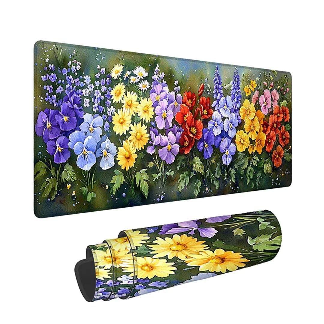 Podkładka pod mysz do gier XXL - 1400 x 600 x 3 mm - kwiatowa duża antypoślizgowa podkładka pod klawiaturę biurową z przeszytymi krawędziami, zielona duża podkładka pod mysz do gier do biura i domu