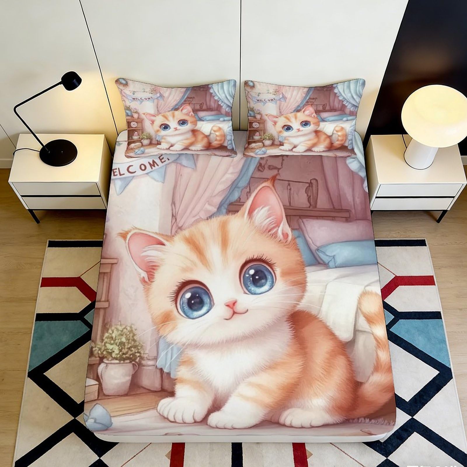 3D Printed Cute Kitten Fitted Sheet Microfiber Soft Breathable Cartoon Cat Bed Cover for Bedroom Dormitory Guest Room Mattress Protection 120x200x25cm