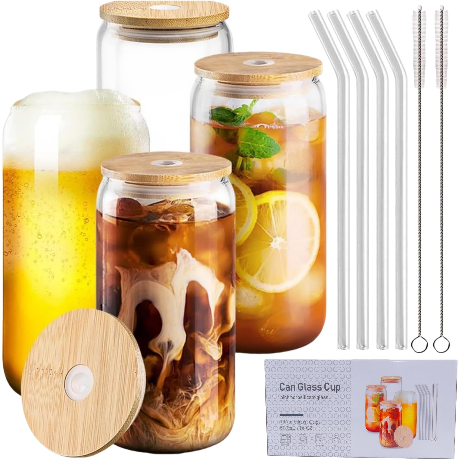 Verres à café glacé 480ml anti-renversement avec couvercle en bambou et paille en verre durable
