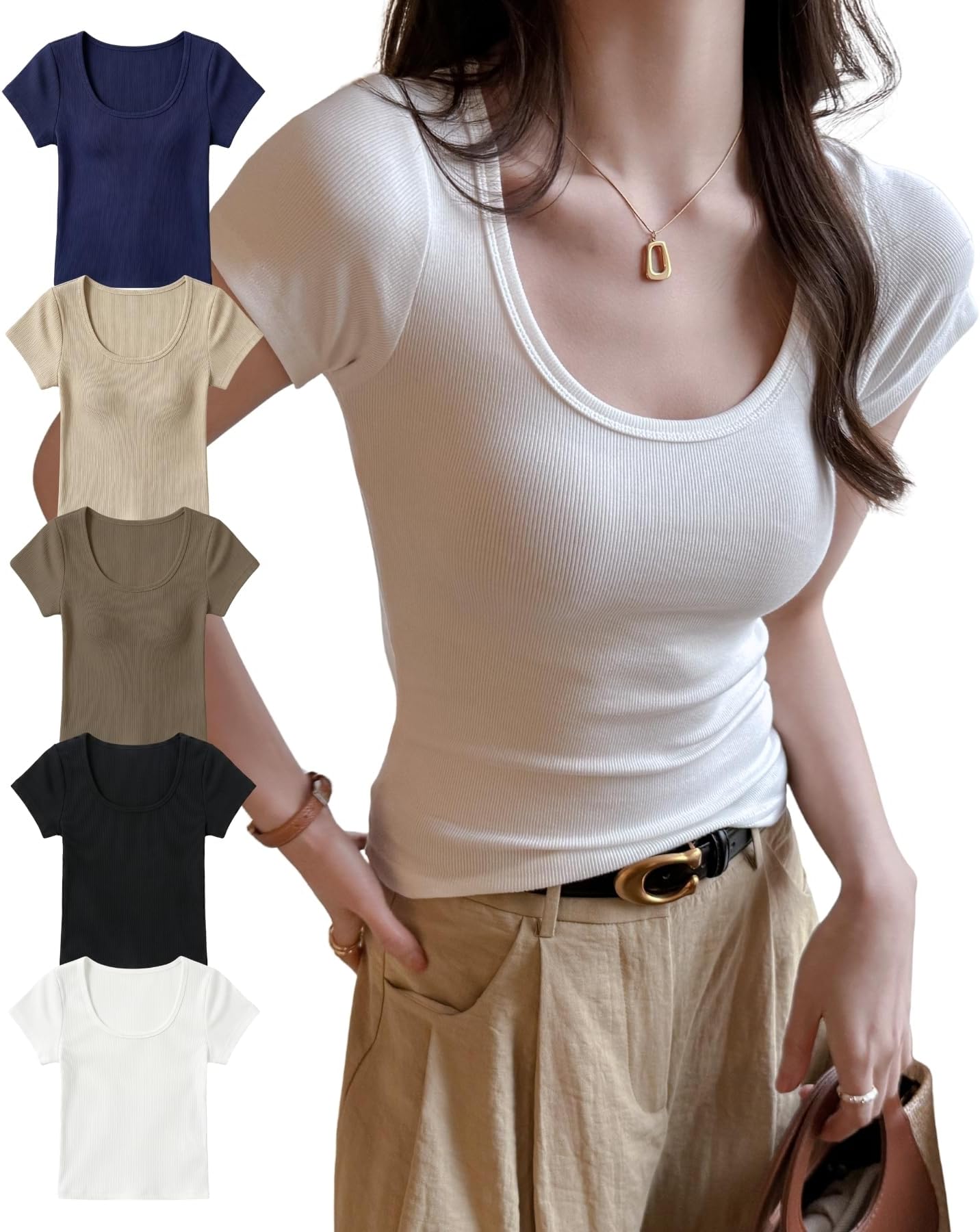 Square Neck T-shirt, Short Sleeve, Tight Fit, Women's, Modal Cotton, Cut and Sew Top, U-Neck, Inner, High Elasticity, Rib Material, Adults, Slimming, Not See-through, Beautiful, Simple, Plain