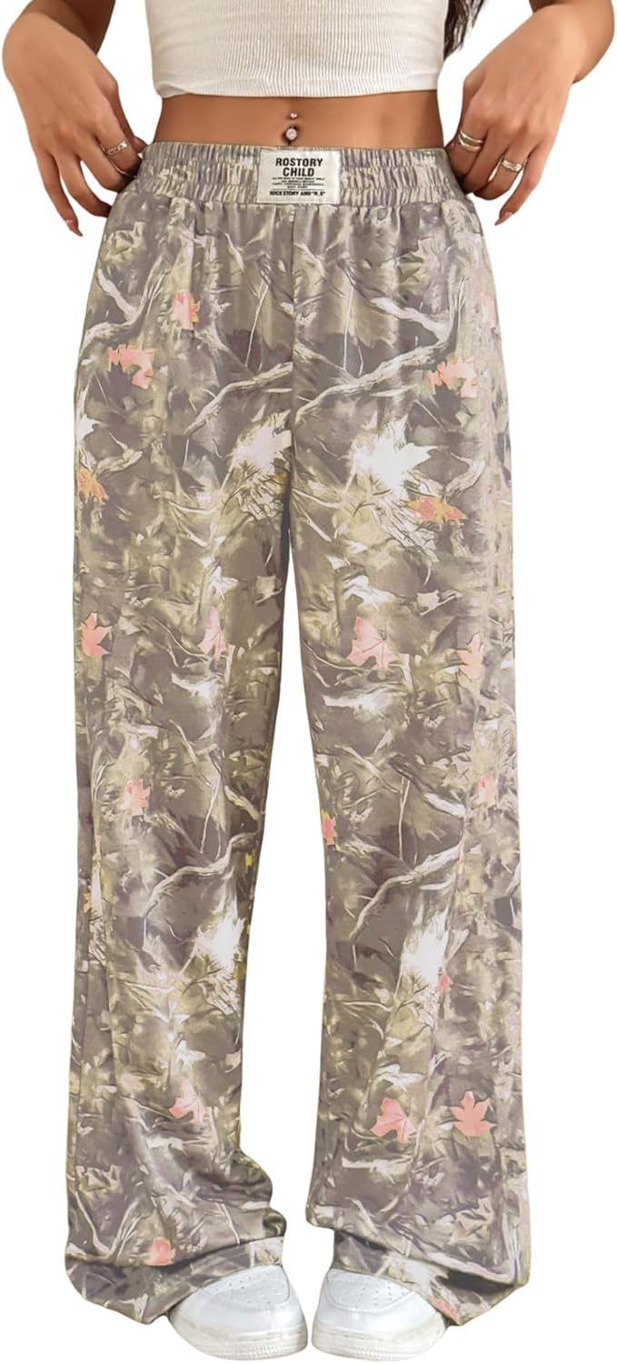 ZAFUL Women's Camo Sweatpants Y2K Elastic High Waisted Wide Leg Casual Straight Cargo Pants Joggers with Patch Detail