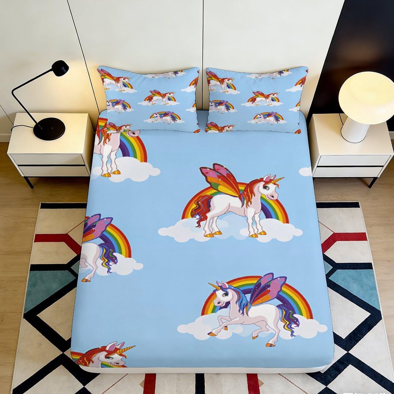 3D Printed Rainbow Unicorn Fitted Sheet Microfiber Slip-Resistant Mattress Cover for Bedroom Dorm Easy Care Decor 120x200x25cm