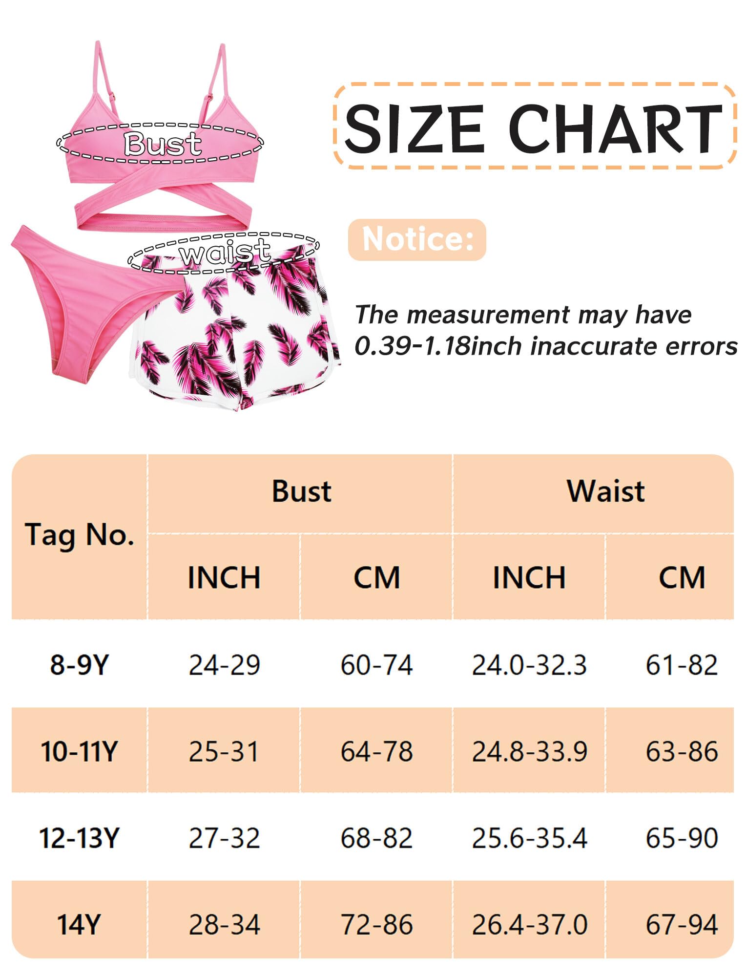 AIEOE Niñas 3 Piezas Bikini Traje de Baño de Estampado Tropical con Cover Up Shorts 8-14 Años