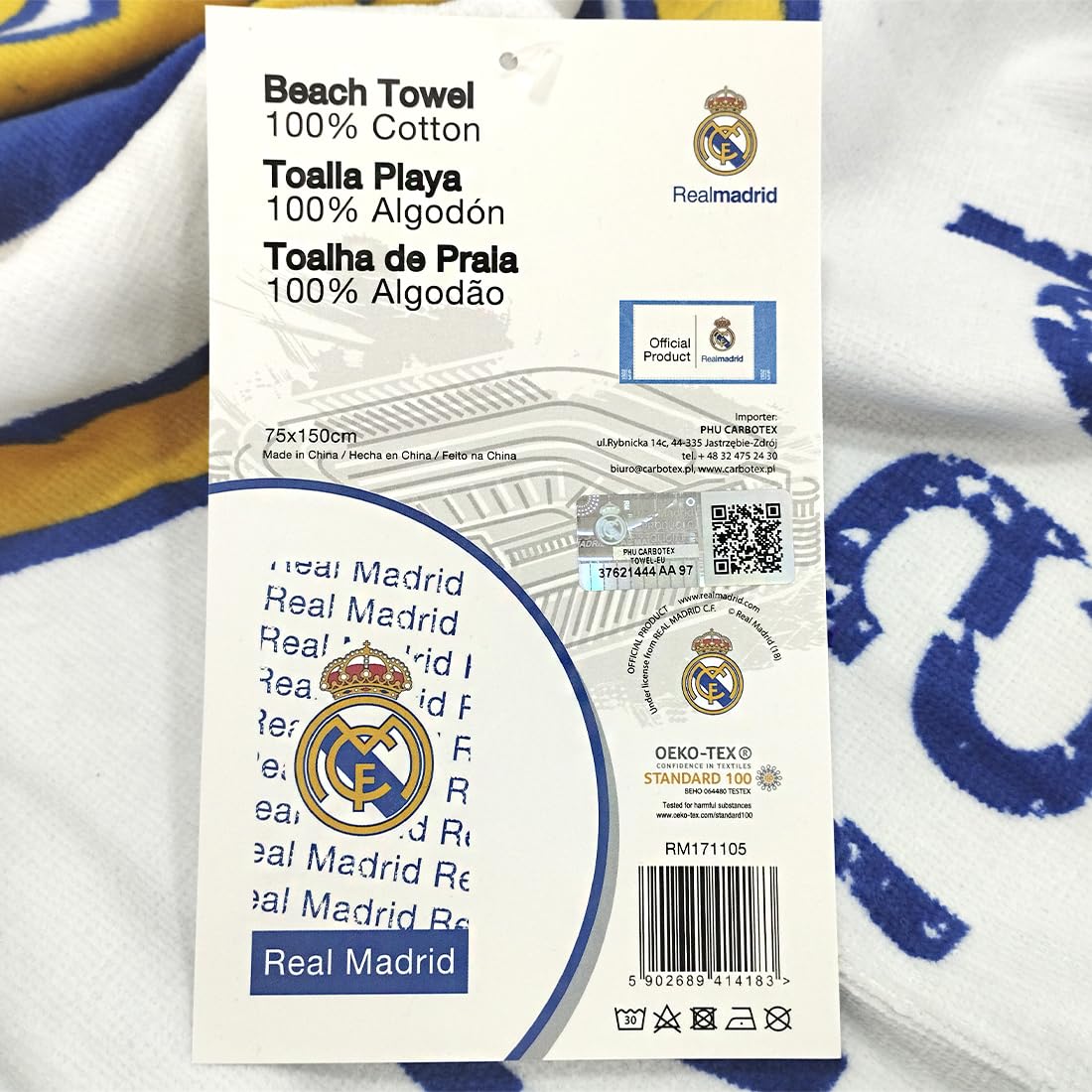 Telo Real Madrid – Asciugamano Mare e Doccia 100% Cotone 75x150 cm, Accessorio Sportivo per Tifosi Blancos, Ideale per Palestra, Piscina e Regali, Design Madrid 1