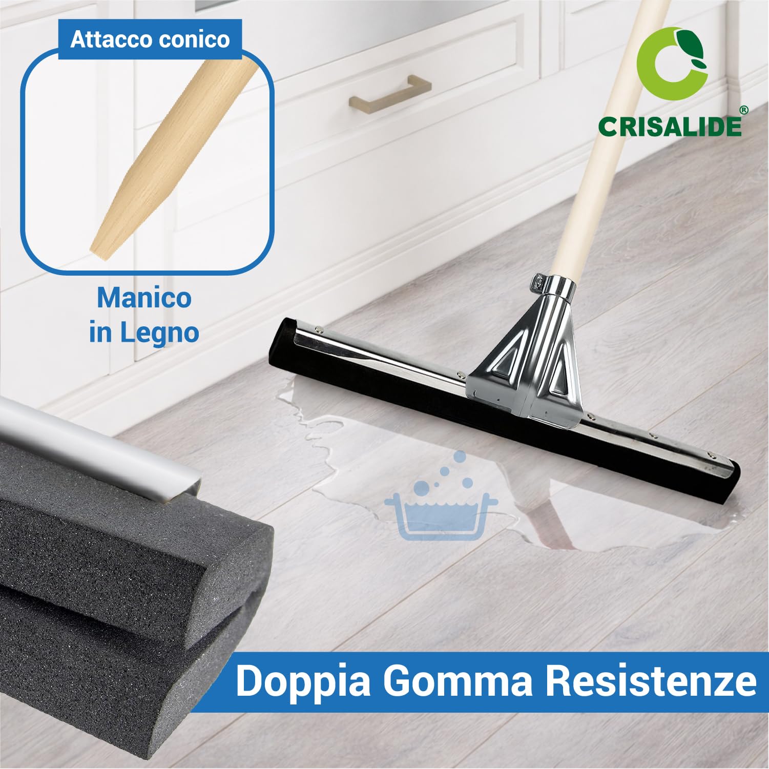 Crisalide® Tergipavimento Spingiacqua Professionale con Manico in Legno da 150 cm, Gomma Doppia, Asola in Metallo, 45/55/75 cm (LARGE 75cm)